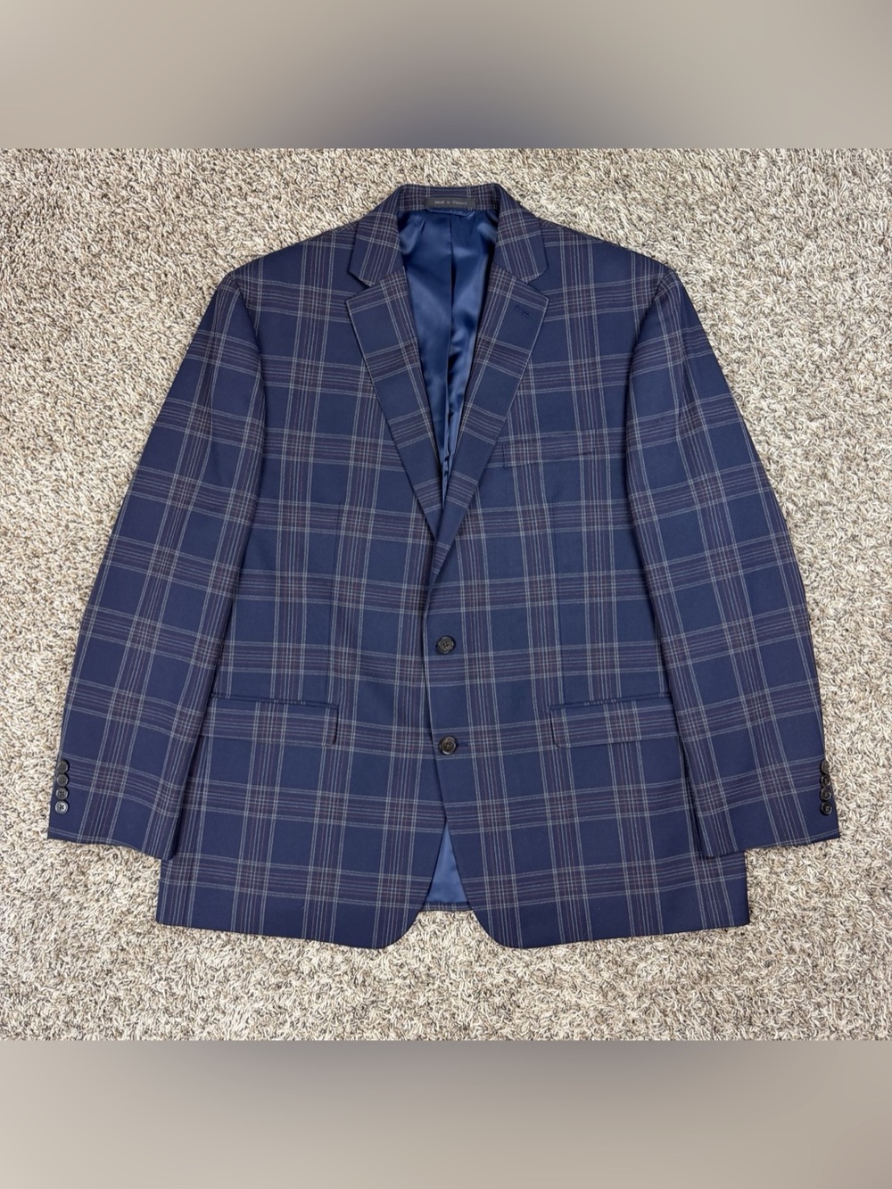 Chaps Men’s Navy Blue Single Breasted Plaid Blazer 48L Two Button Sport Coat